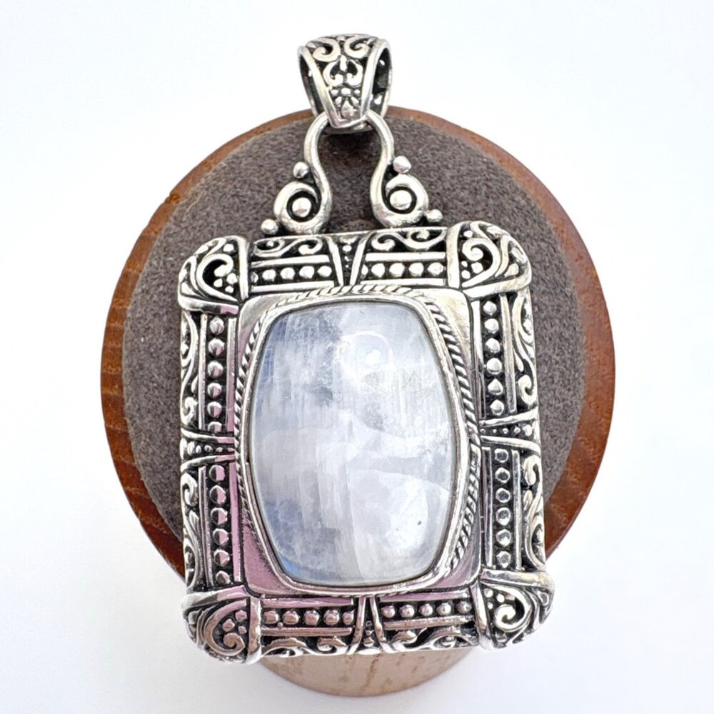 VTG Sterling Silver 925 Bezel Set Labradorite Pendant Scroll Bead Design 2" L